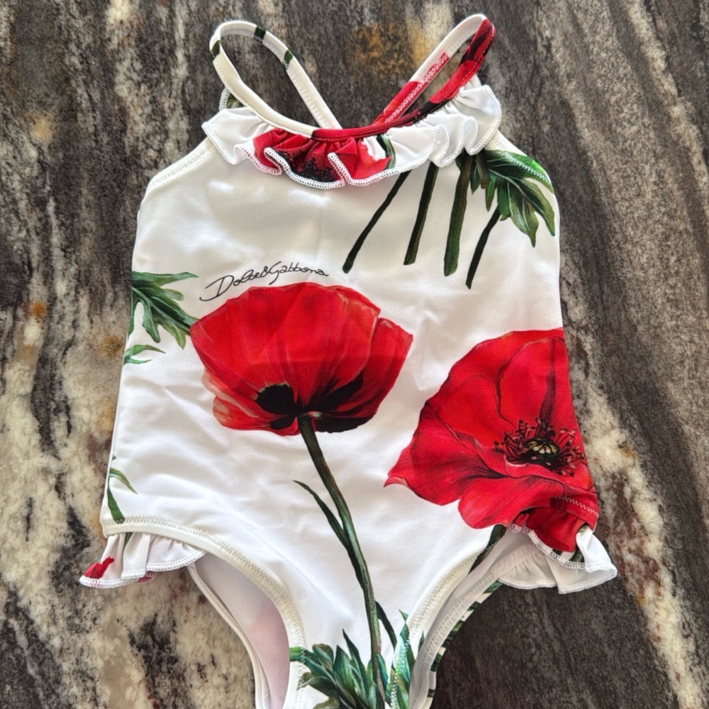 Dolce & Gabbana Kids Poppy Print Swimsuit - Red and Green
